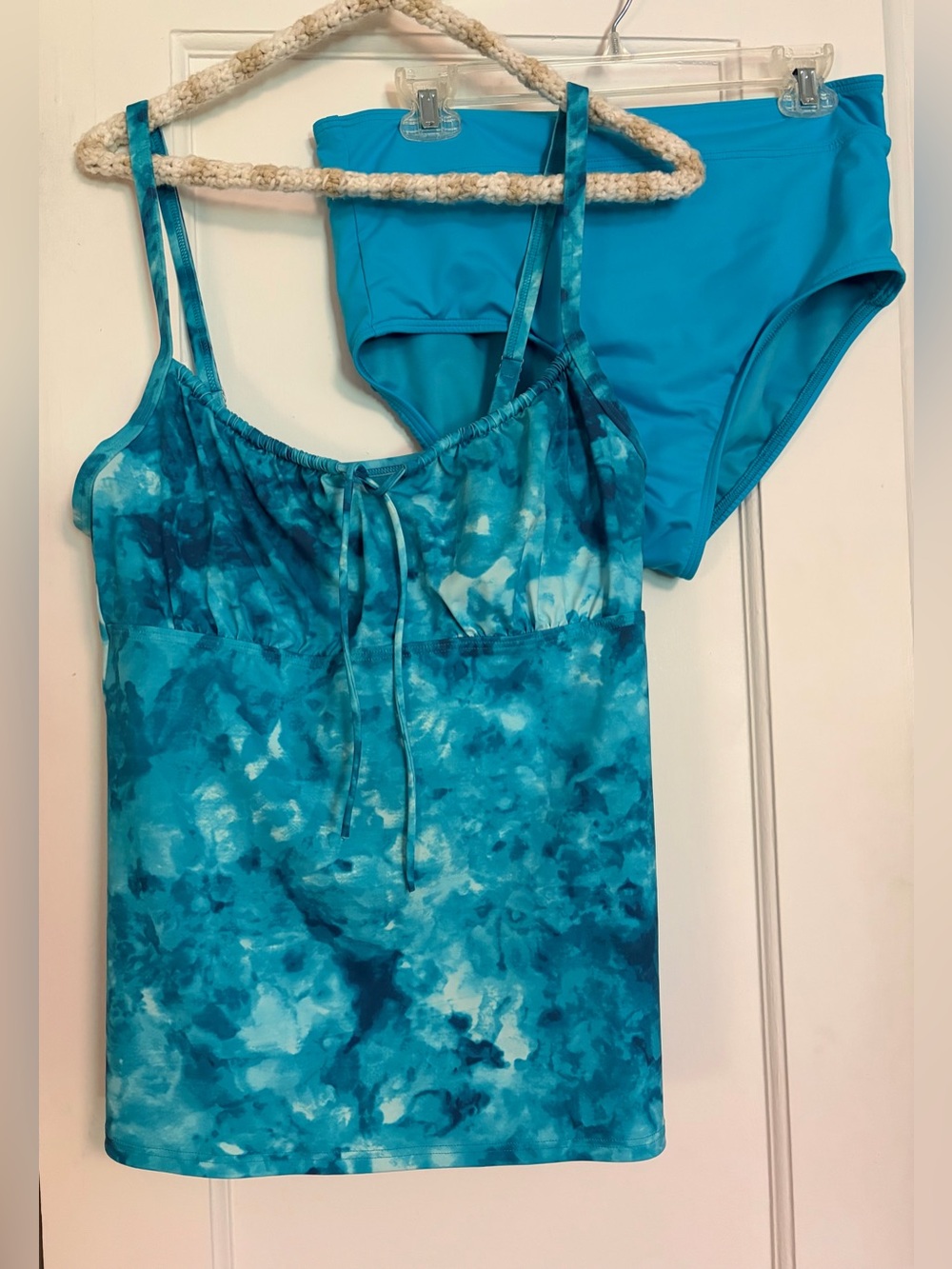 Lands' End Aqua and White Tankini with High Waist Swim Separate Bottoms